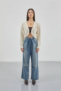 Crop Beige Knitted Cardigan with Piping