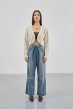 Crop Beige Knitted Cardigan with Piping