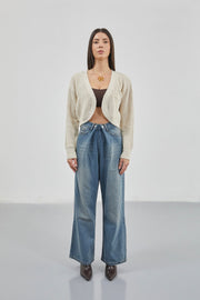 Crop Beige Knitted Cardigan with Piping