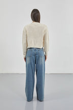 Crop Beige Knitted Cardigan with Piping