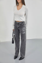 Printed Low Waist Black Jeans