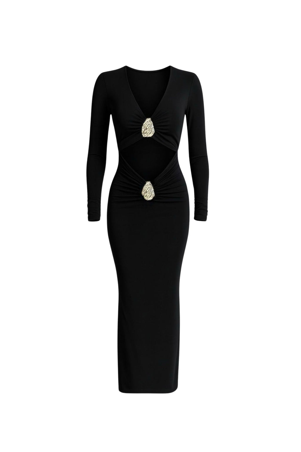 Accessory Detail Waist Cut-Out Maxi Black Dress