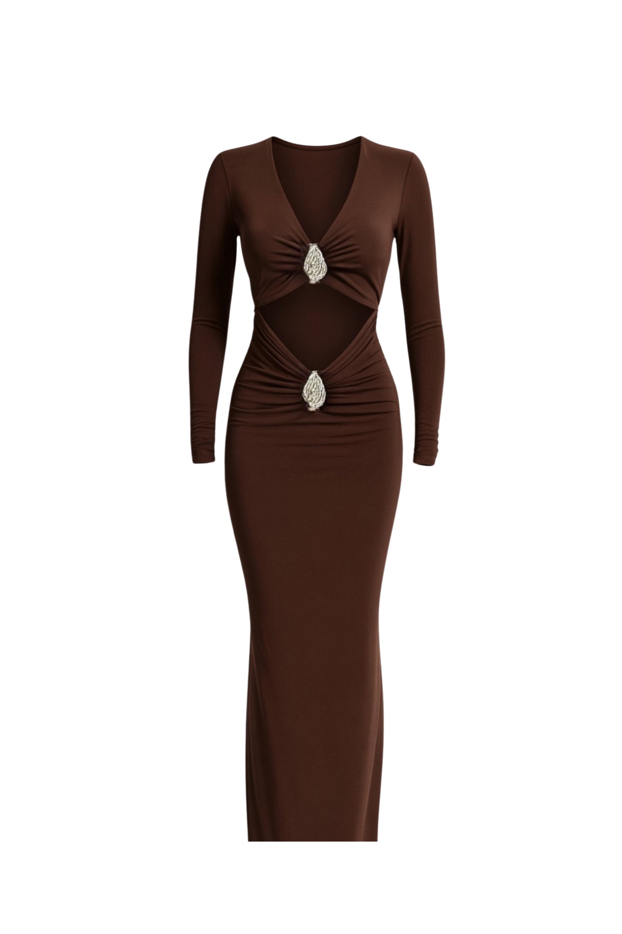 Accessory Detail Waist Cut-Out Maxi Brown Dress