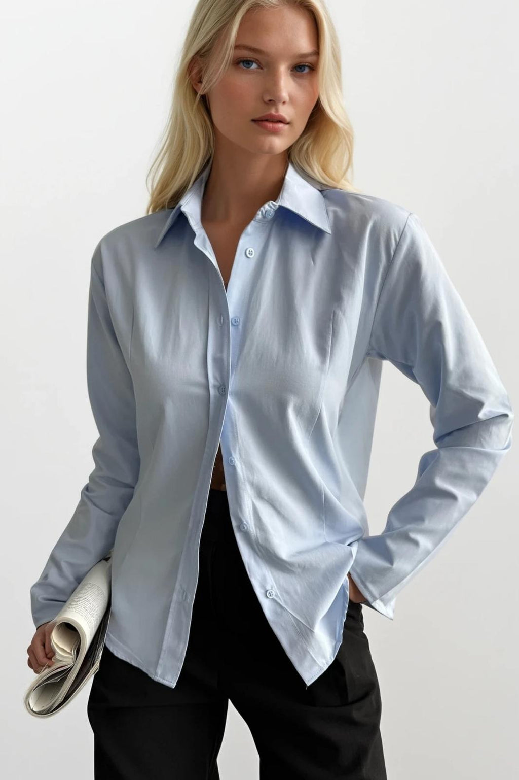 Fitted Waist Basic Blue Shirt