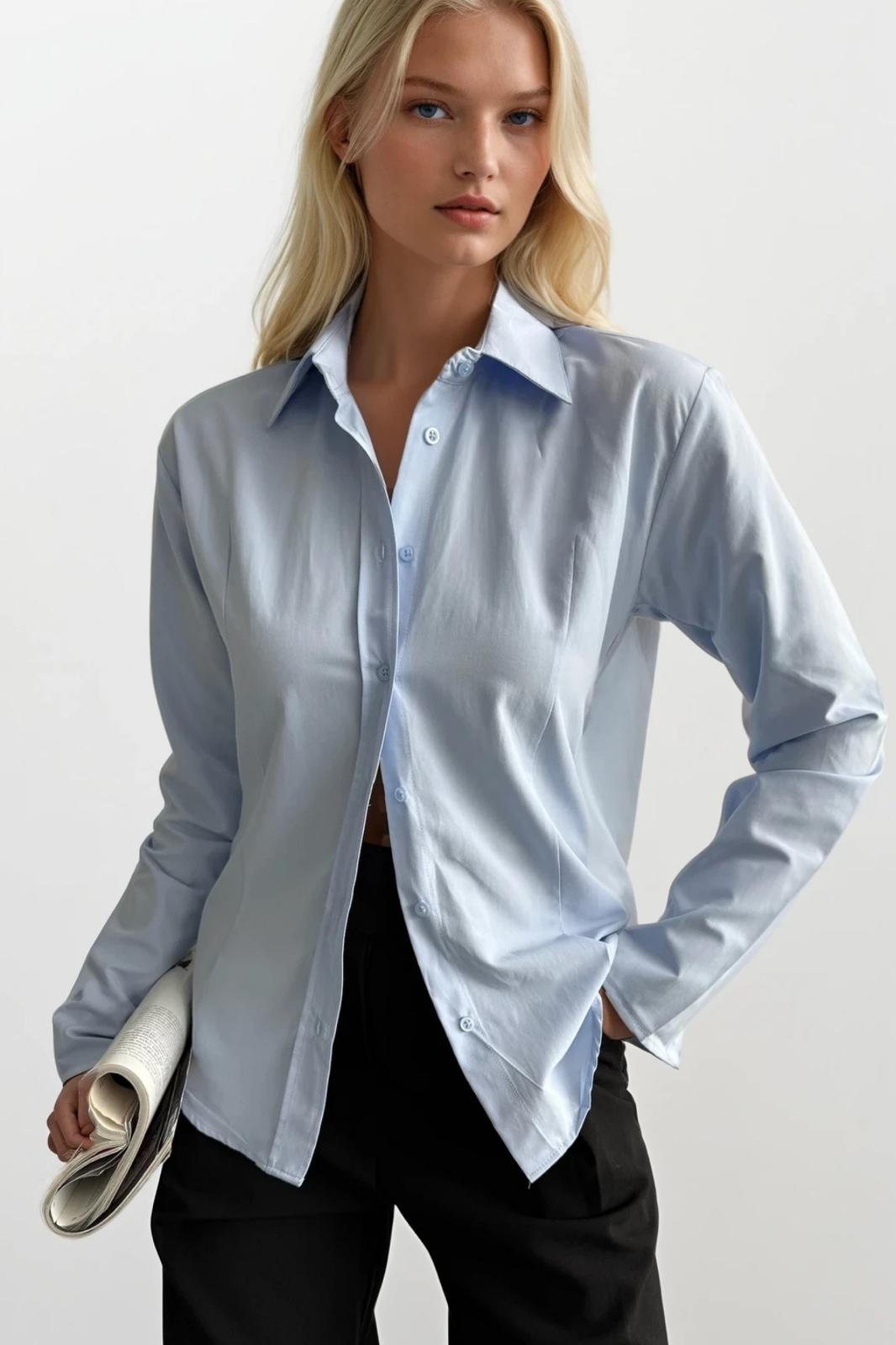 Fitted Waist Basic Blue Shirt