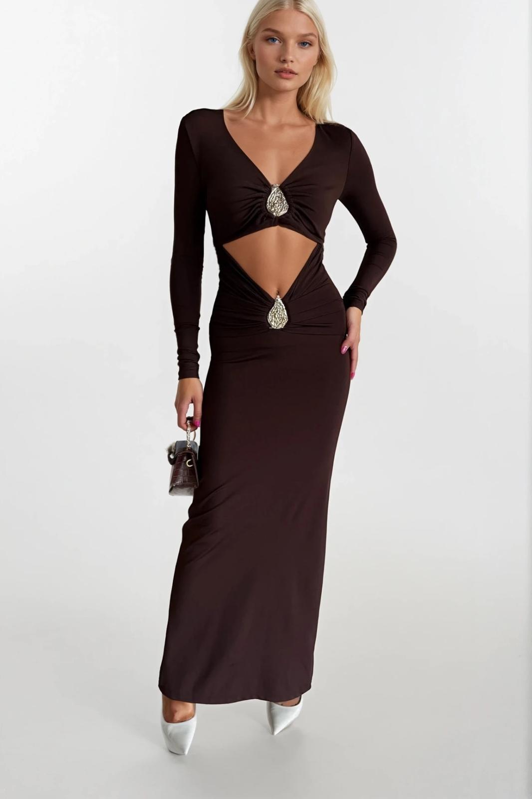 Accessory Detail Waist Cut-Out Maxi Brown Dress