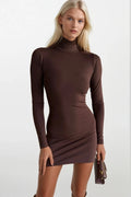 Turtleneck Mini Brown Dress