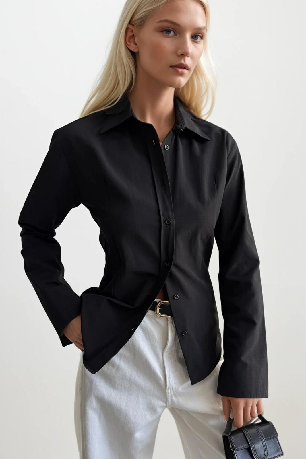 Fitted Waist Basic Black Shirt