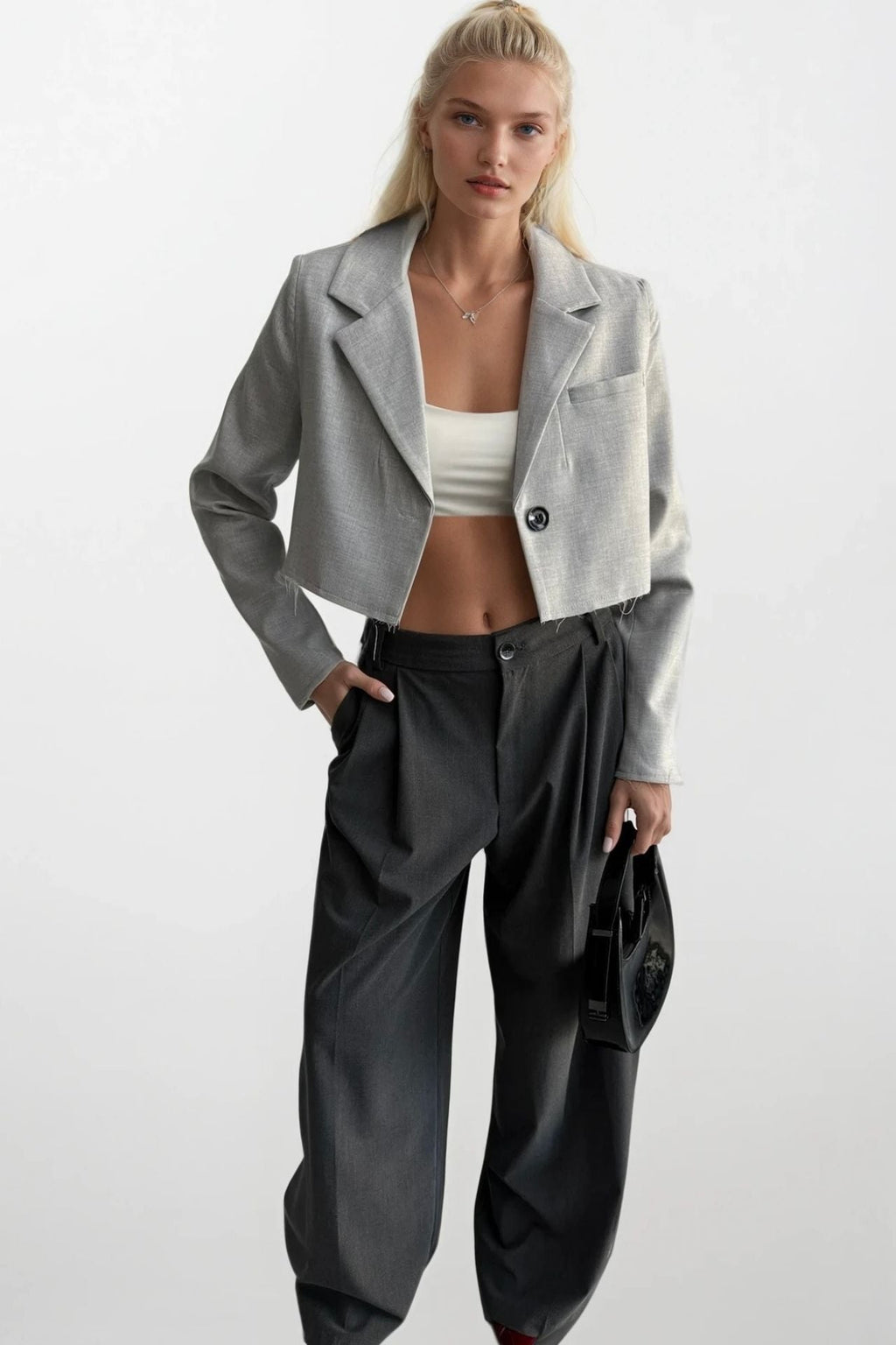 Crop Basic Blazer Gray Jacket