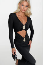 Accessory Detail Waist Cut-Out Maxi Black Dress