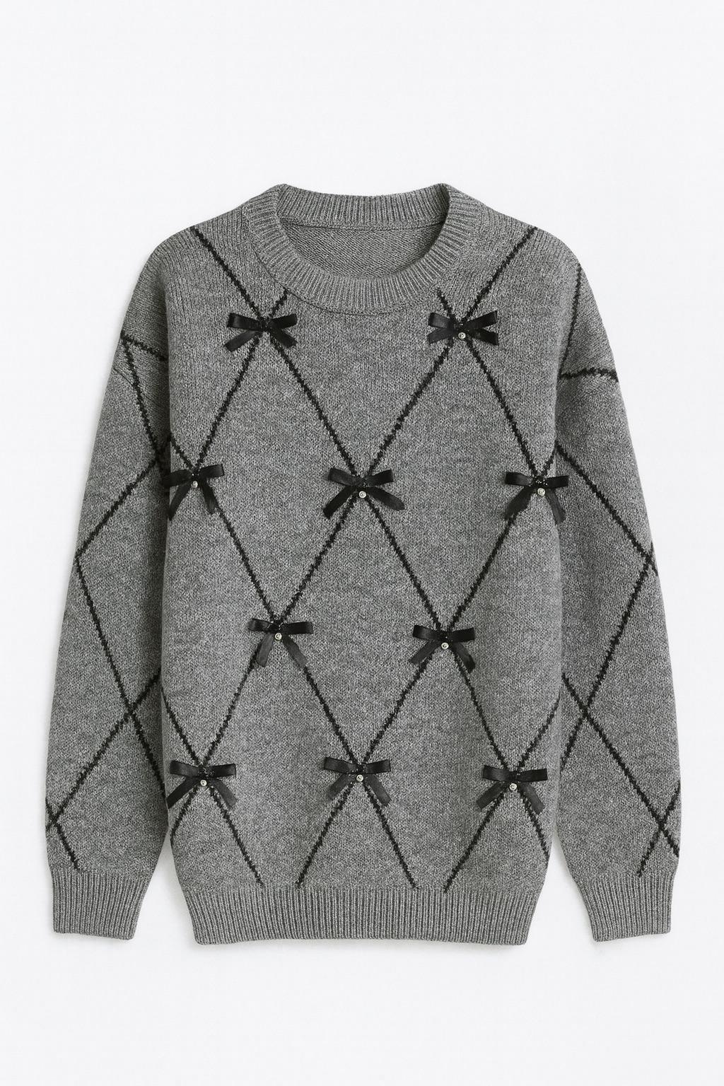 Diamond Pattern Rhinestone Embellished Bow Anthracite Sweater