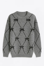 Diamond Pattern Rhinestone Embellished Bow Anthracite Sweater
