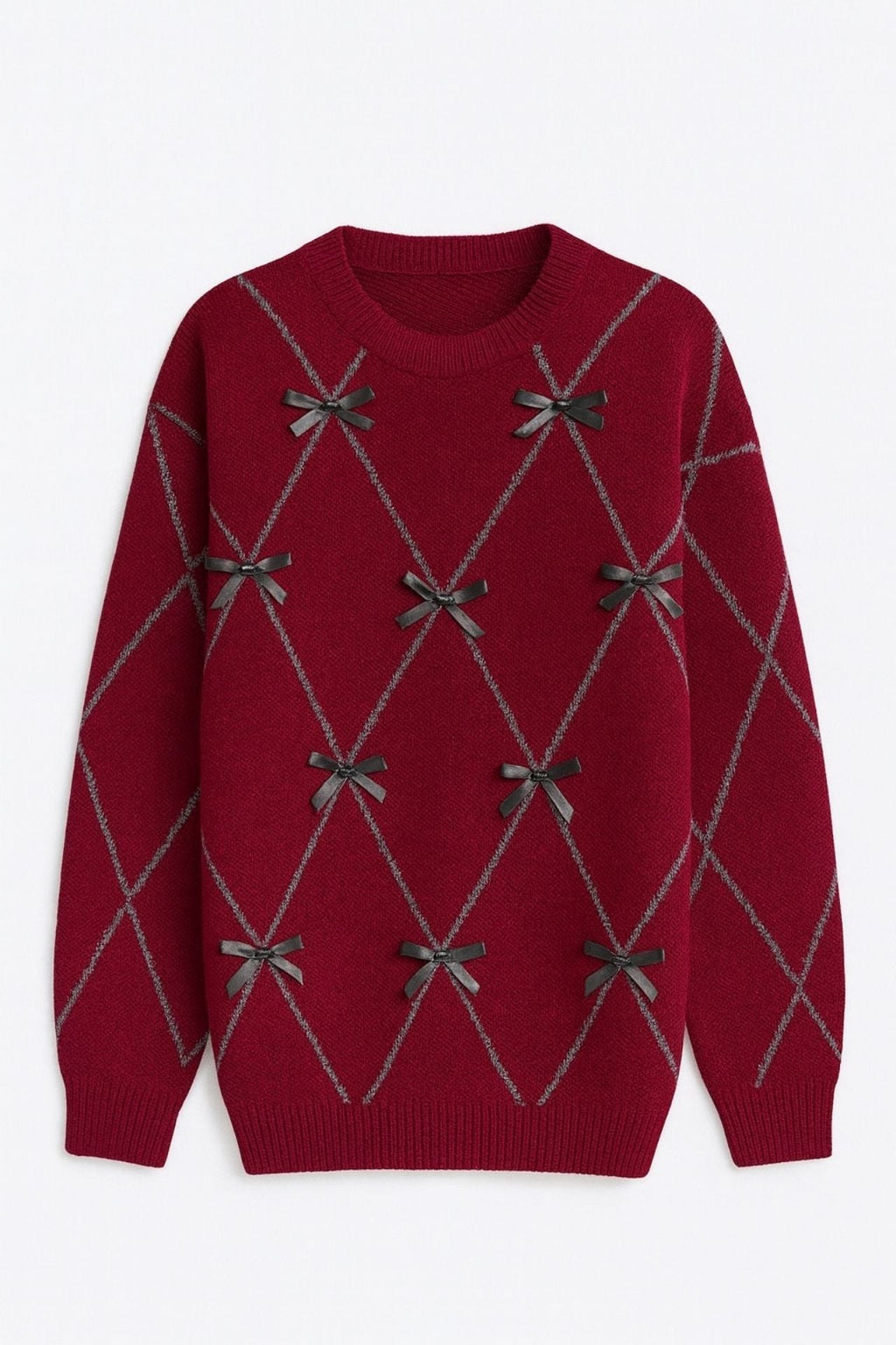 Diamond Pattern Rhinestone Embellished Bow Burgundy Sweater