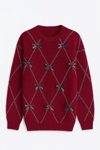 Diamond Pattern Rhinestone Embellished Bow Burgundy Sweater