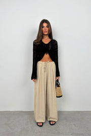 Openwork Pleated Black Knit Blouse
