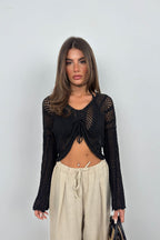 Openwork Pleated Black Knit Blouse