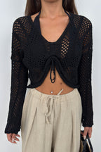 Openwork Ruched Black Knit Blouse