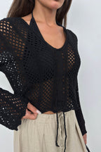 Openwork Ruched Black Knit Blouse