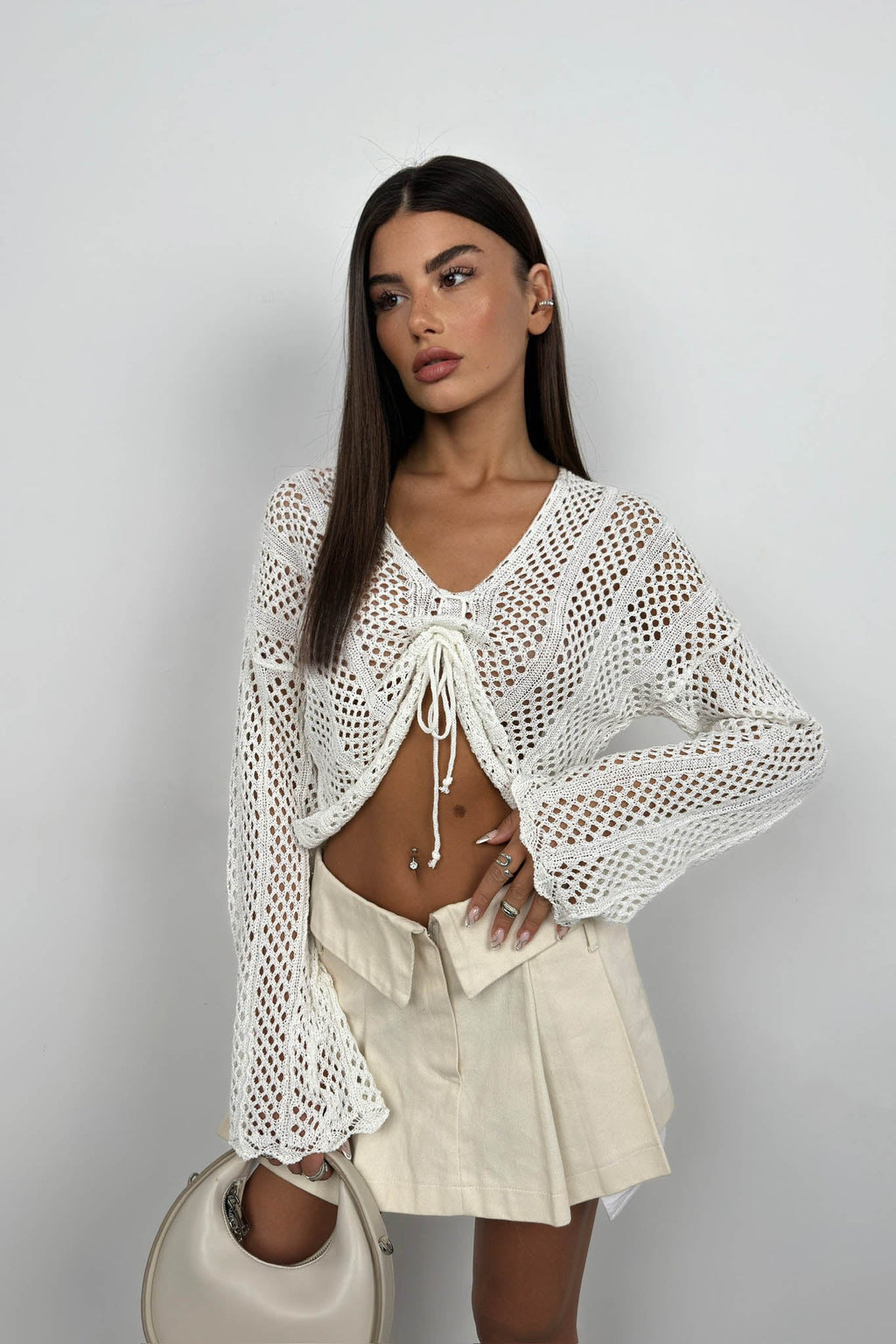 Openwork Ruched Ecru Knit Blouse