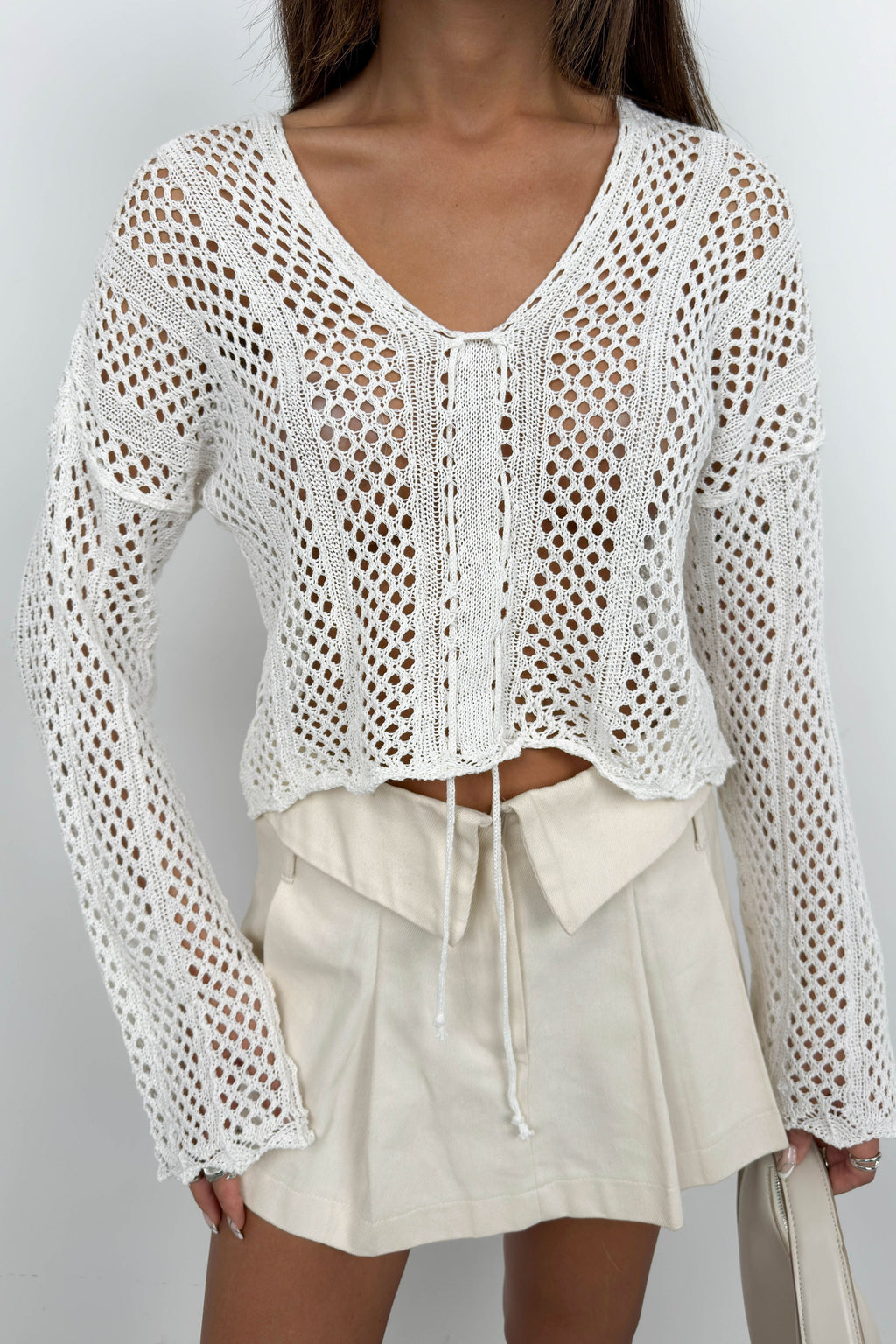 Openwork Ruched Ecru Knit Blouse