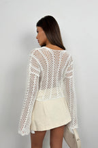Openwork Ruched Ecru Knit Blouse