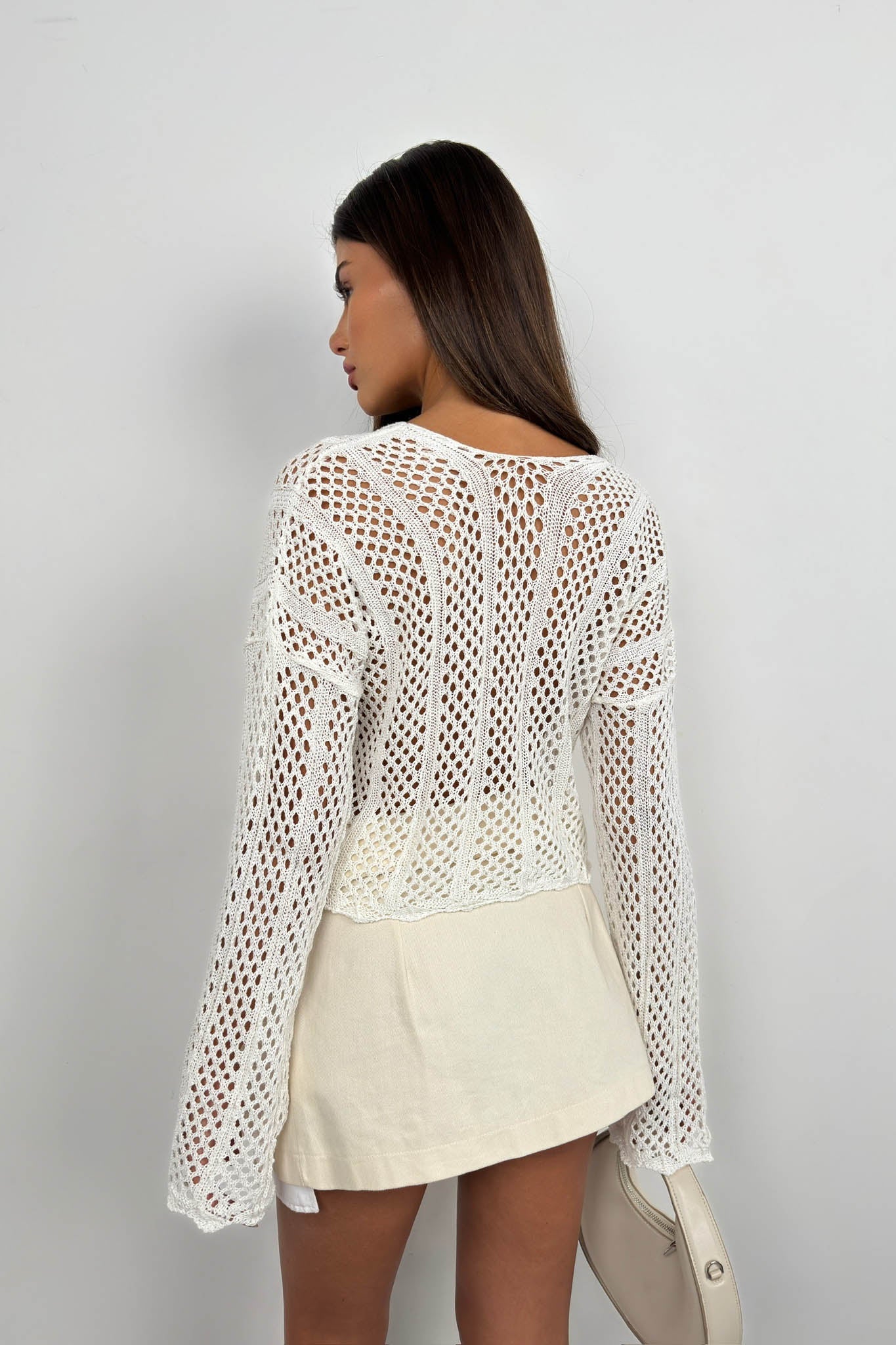 Openwork Ruched Ecru Knit Blouse