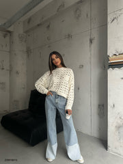Openwork Crew Neck Ecru Sweater