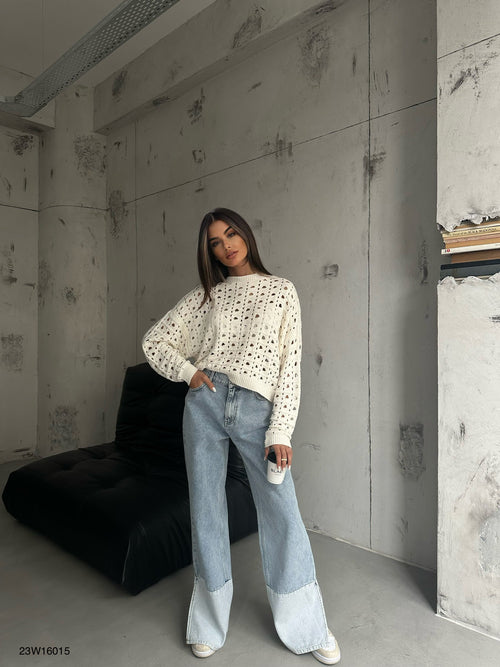 Ajurlu Crew Neck Ecru Sweater