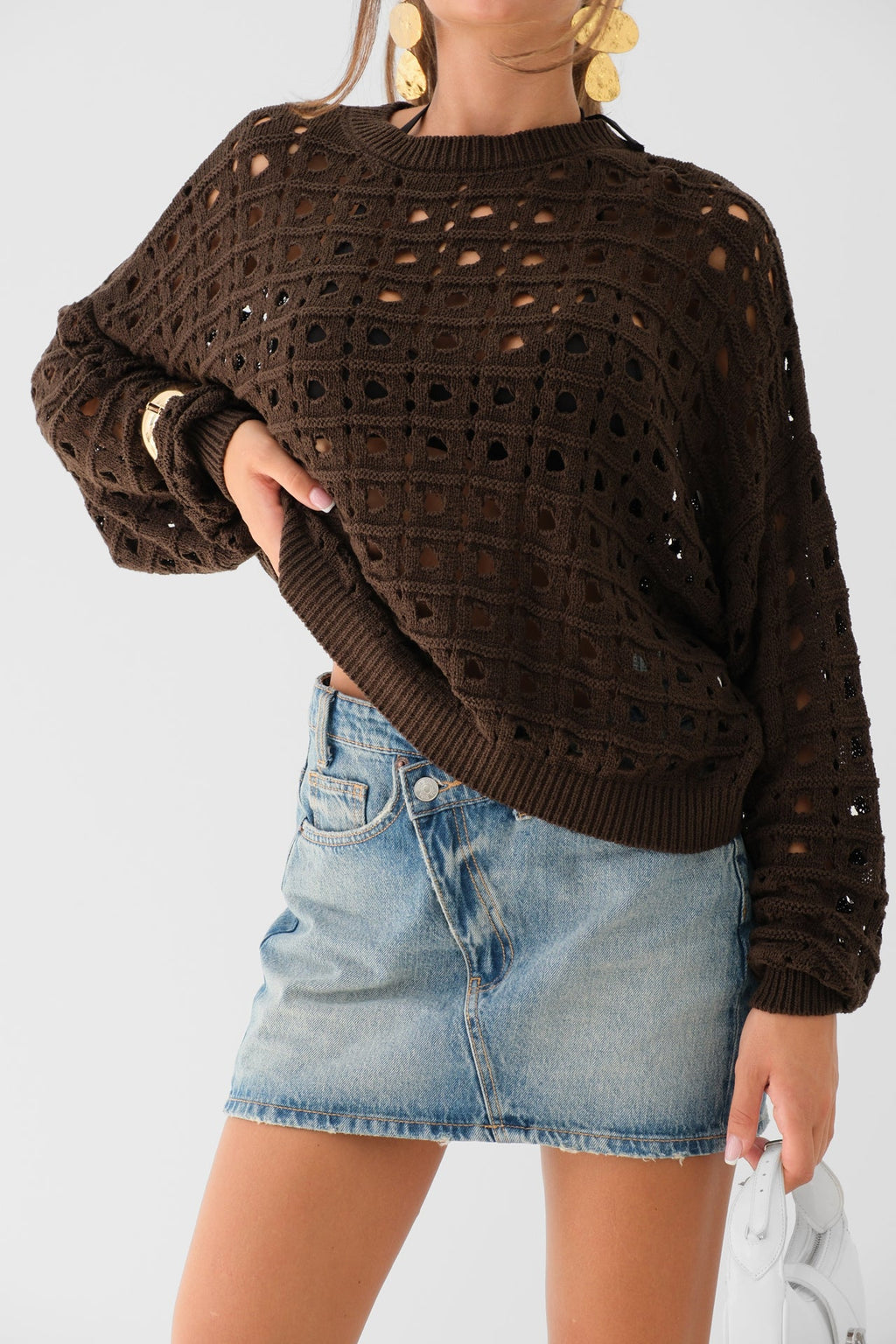 Ajurlu Crew Neck Brown Sweater