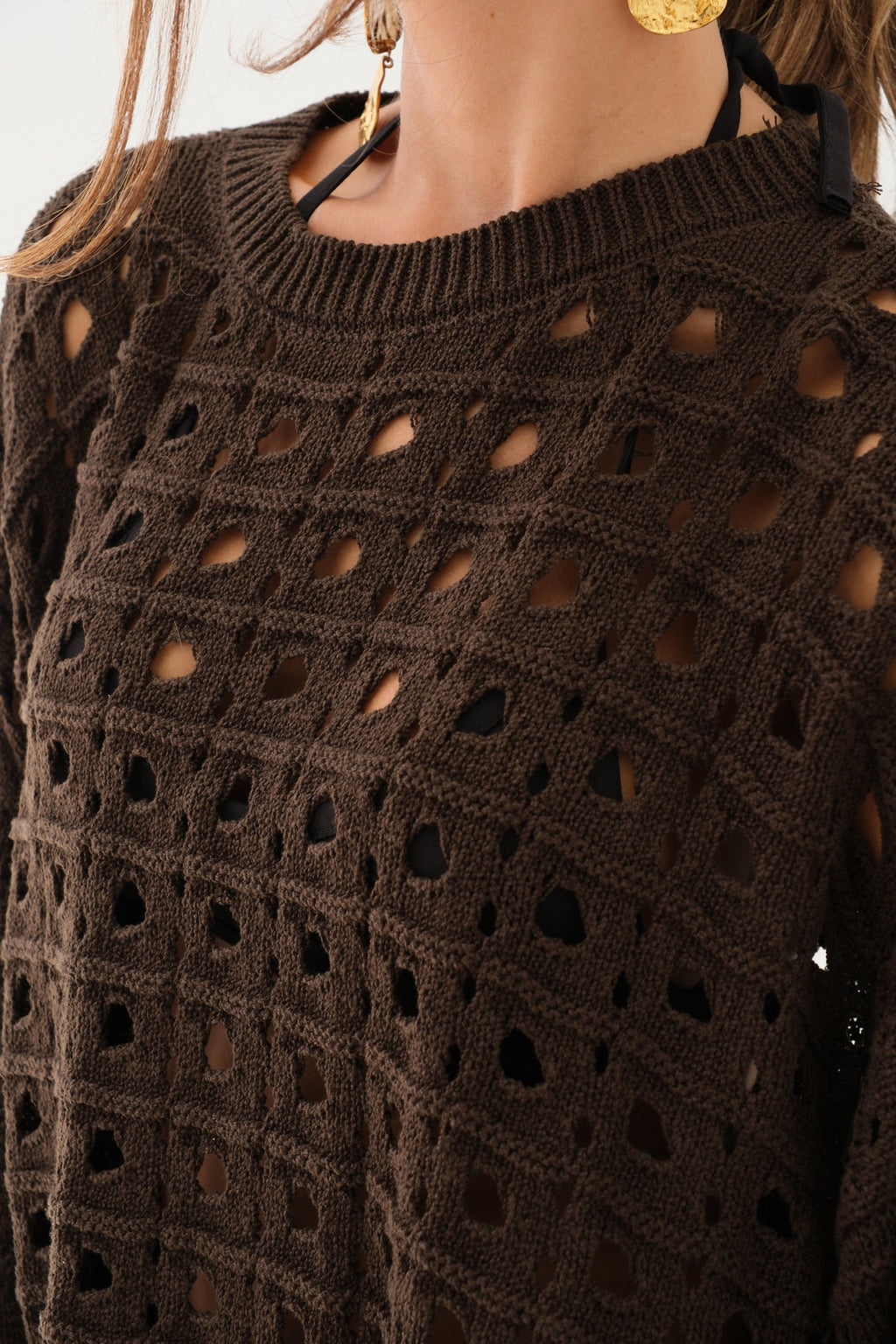 Ajurlu Crew Neck Brown Sweater