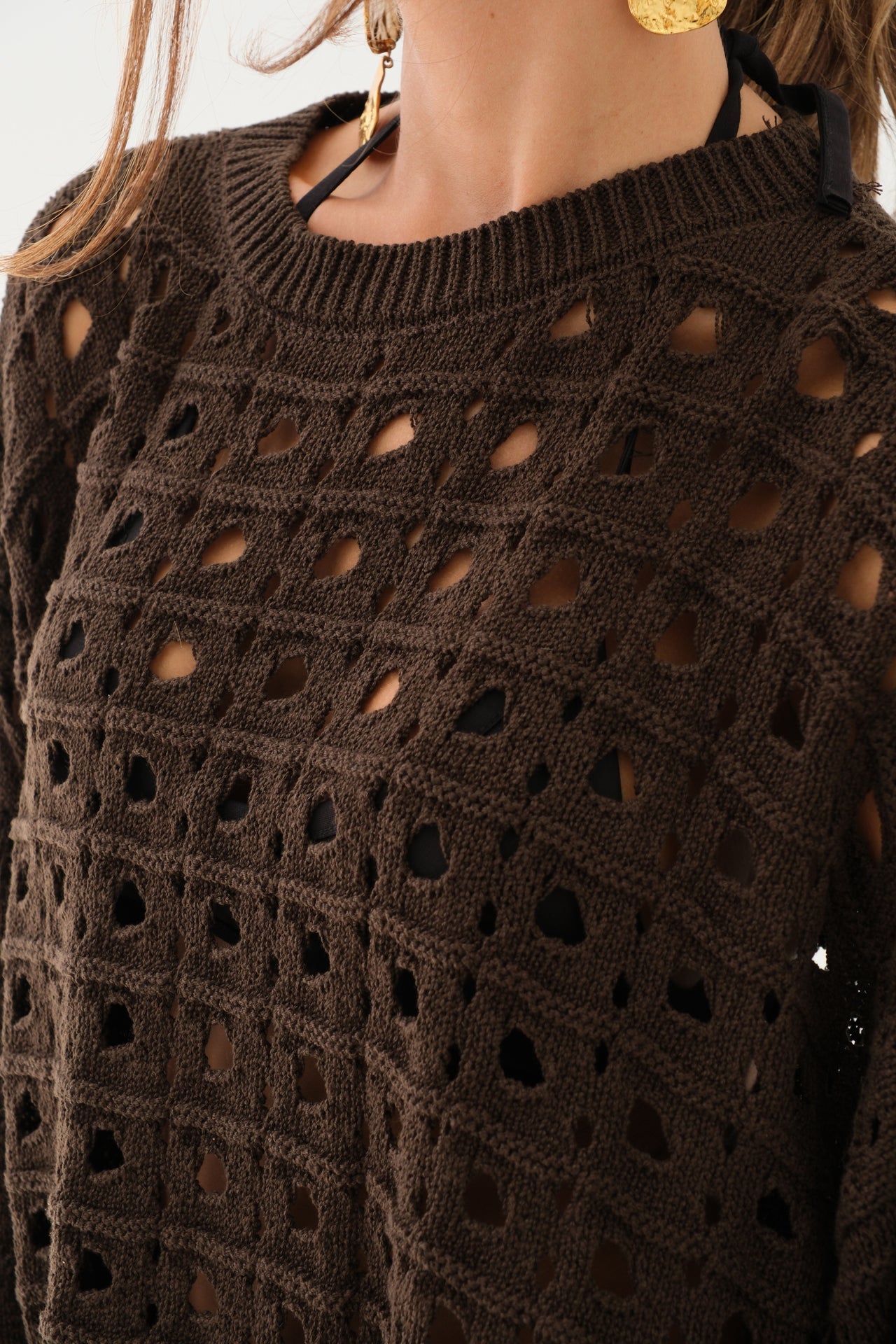 Ajurlu Crew Neck Brown Sweater