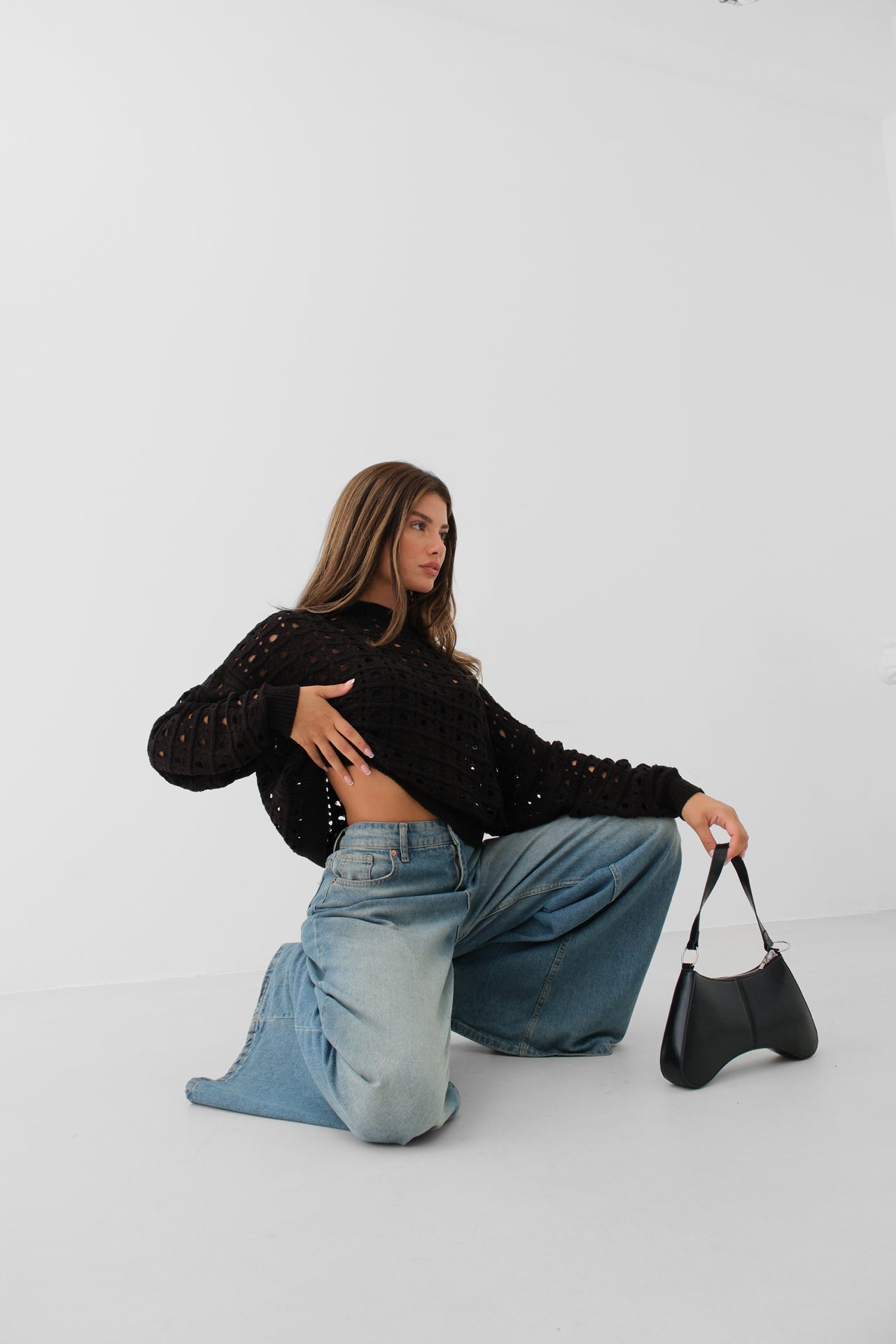 Open-Knit Crew Neck Black Sweater