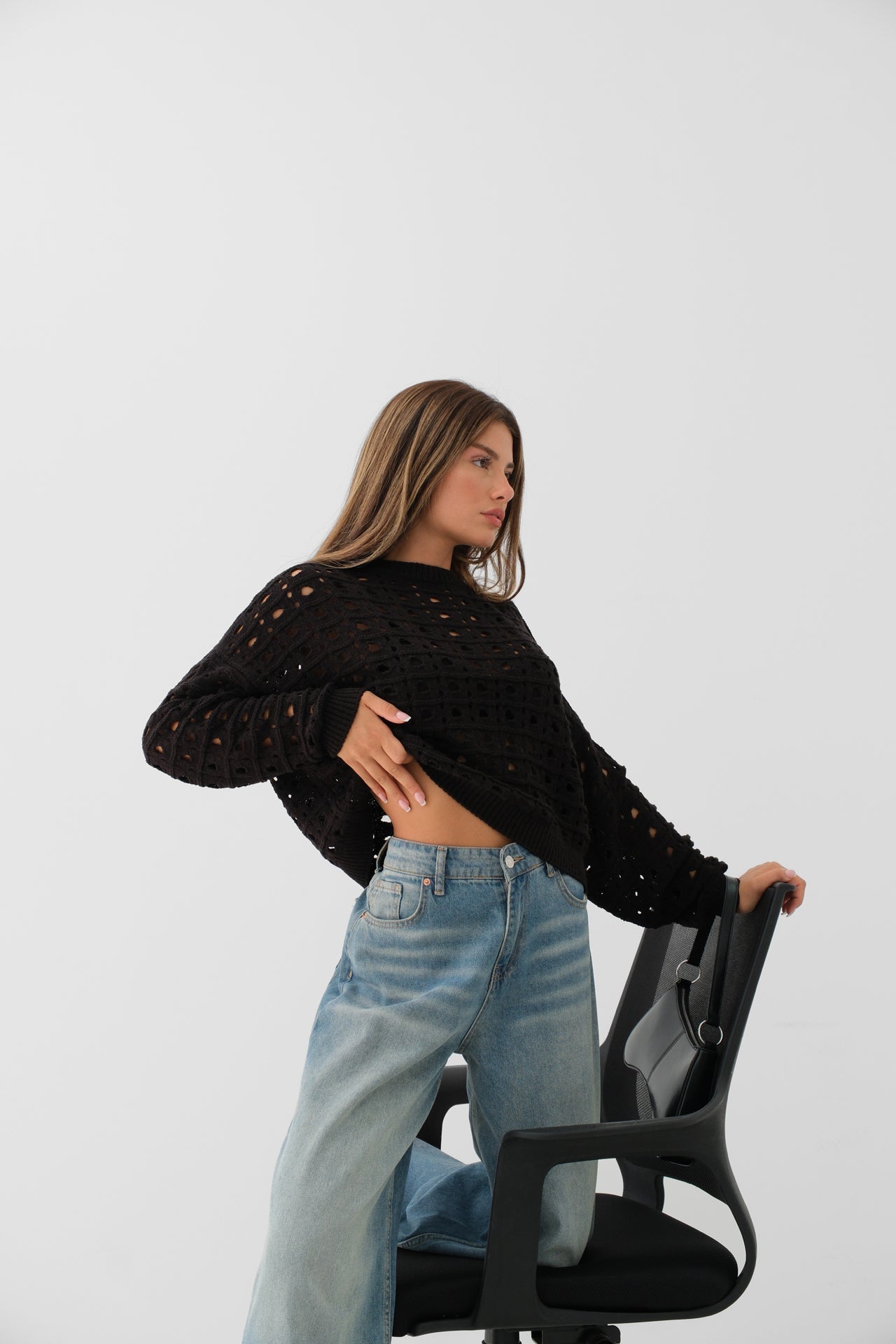 Open-Knit Crew Neck Black Sweater