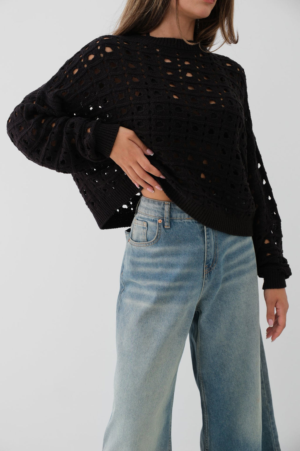 Open-Knit Crew Neck Black Sweater