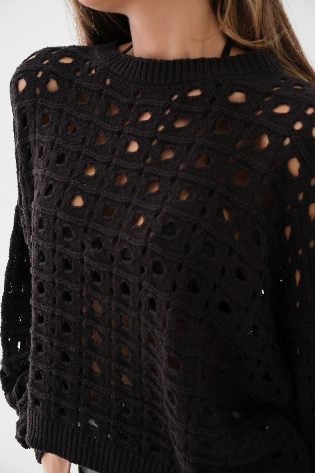 Open-Knit Crew Neck Black Sweater