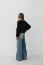 Open-Knit Crew Neck Black Sweater