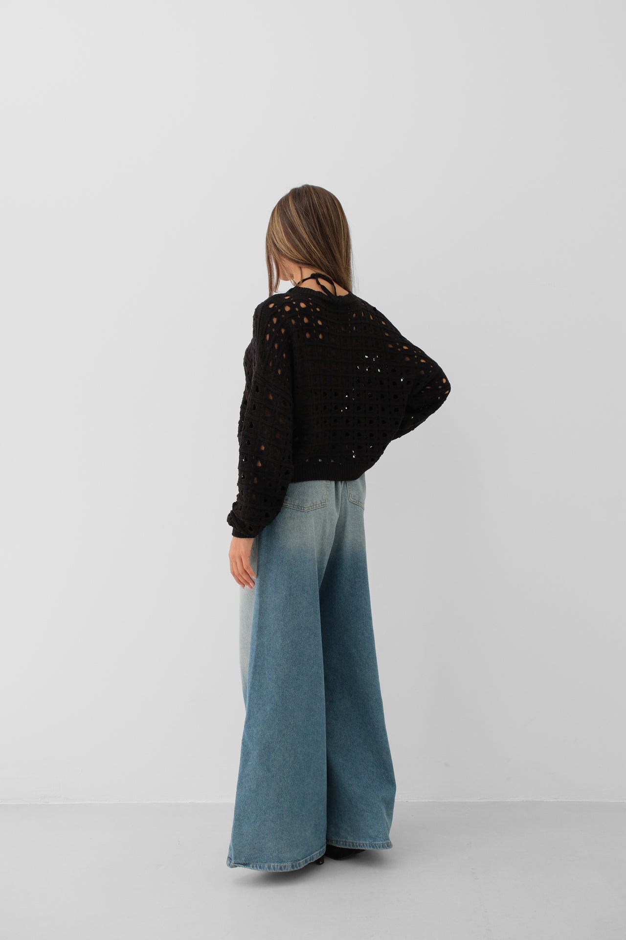 Open-Knit Crew Neck Black Sweater