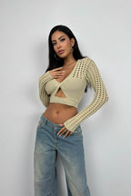 Openwork Beige Crop Knit Blouse