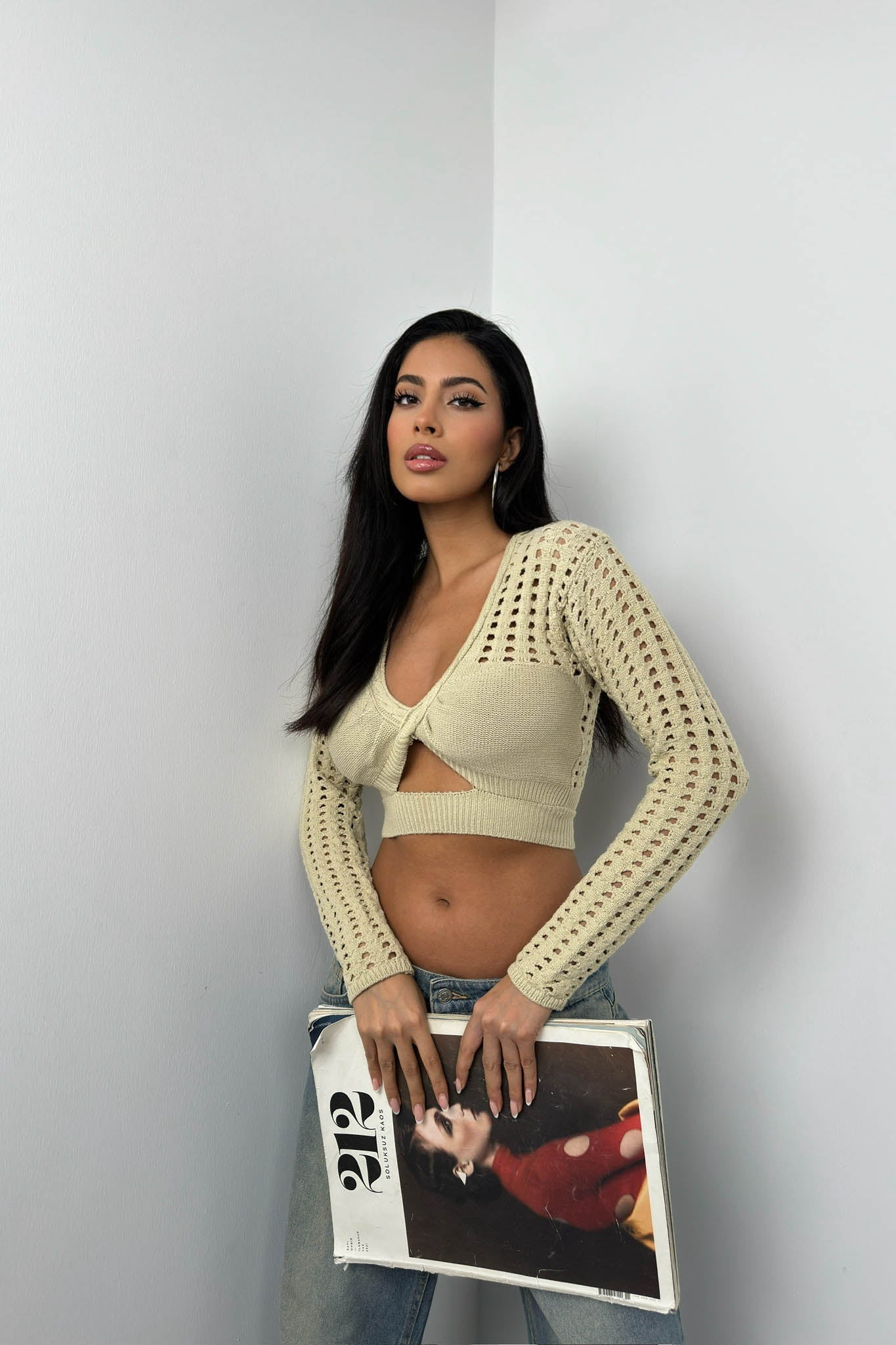 Openwork Beige Crop Knit Blouse