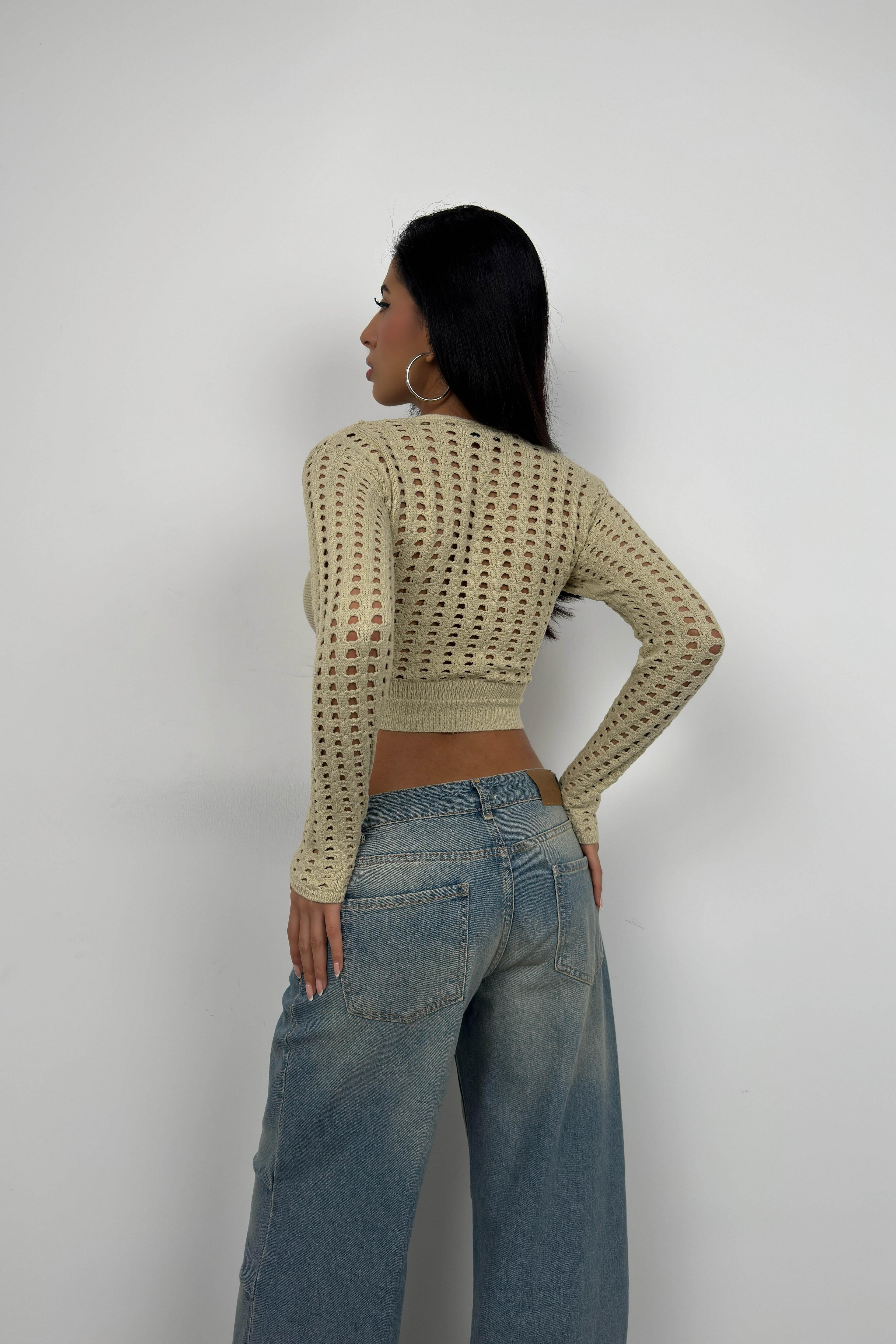 Openwork Beige Crop Knit Blouse