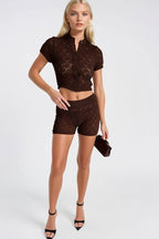 Open-Knit Button Detail Blouse Shorts Two-piece Brown Knit Set