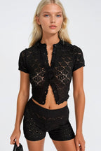 Open-Knit Button Detail Blouse Shorts Two-piece Black Knit Set