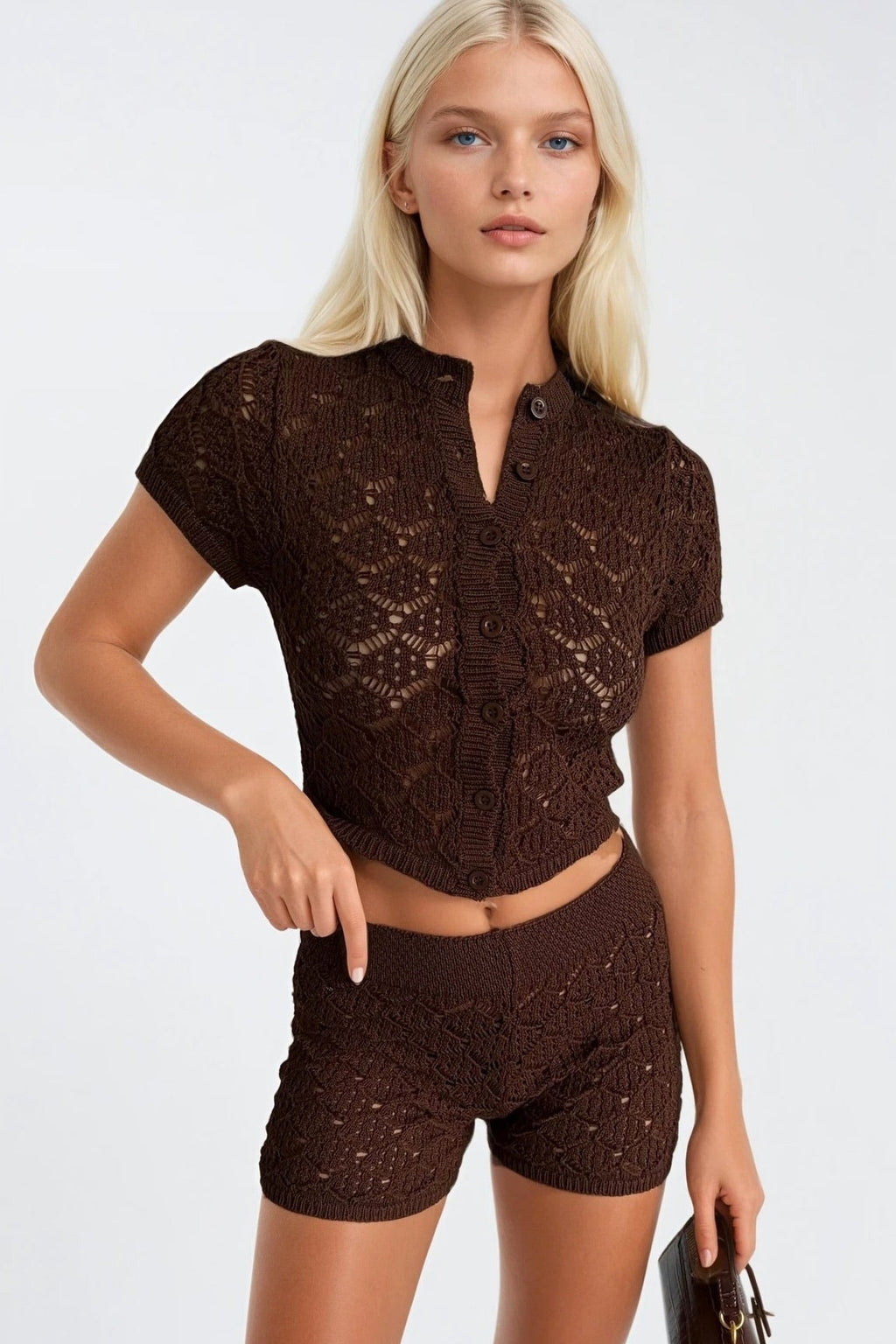 Open-Knit Button Detail Blouse Shorts Two-piece Brown Knit Set