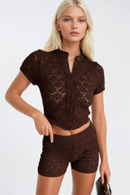 Open-Knit Button Detail Blouse Shorts Two-piece Brown Knit Set