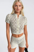 Open-Knit Button Detail Blouse Shorts Two-piece Ecru Knit Set
