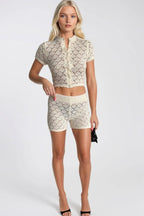 Open-Knit Button Detail Blouse Shorts Two-piece Ecru Knit Set
