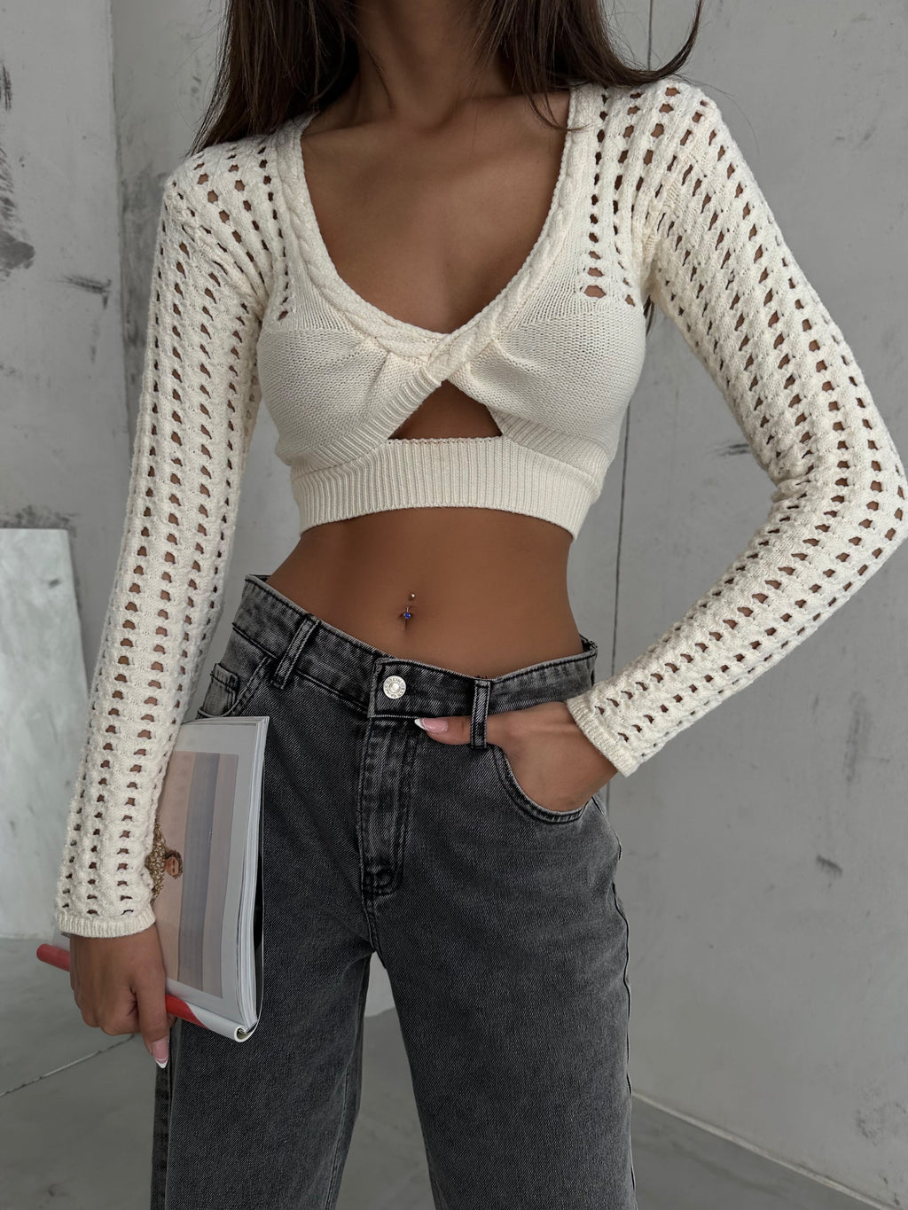 Openwork Ecru Crop Knit Blouse