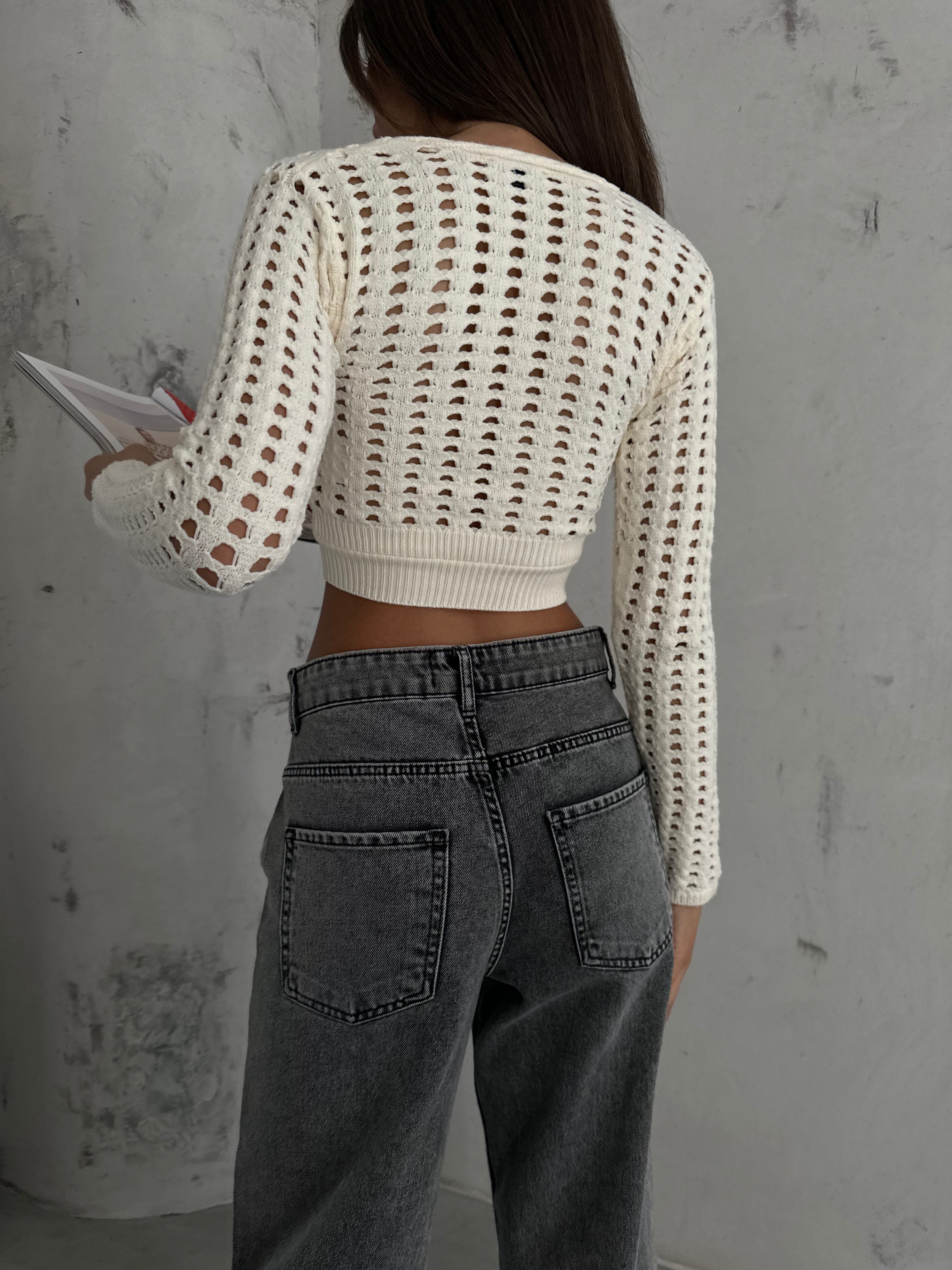 Openwork Ecru Crop Knit Blouse