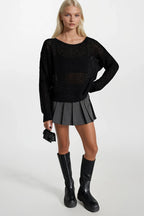 Open-Knit Wide Collar Black Knit Blouse