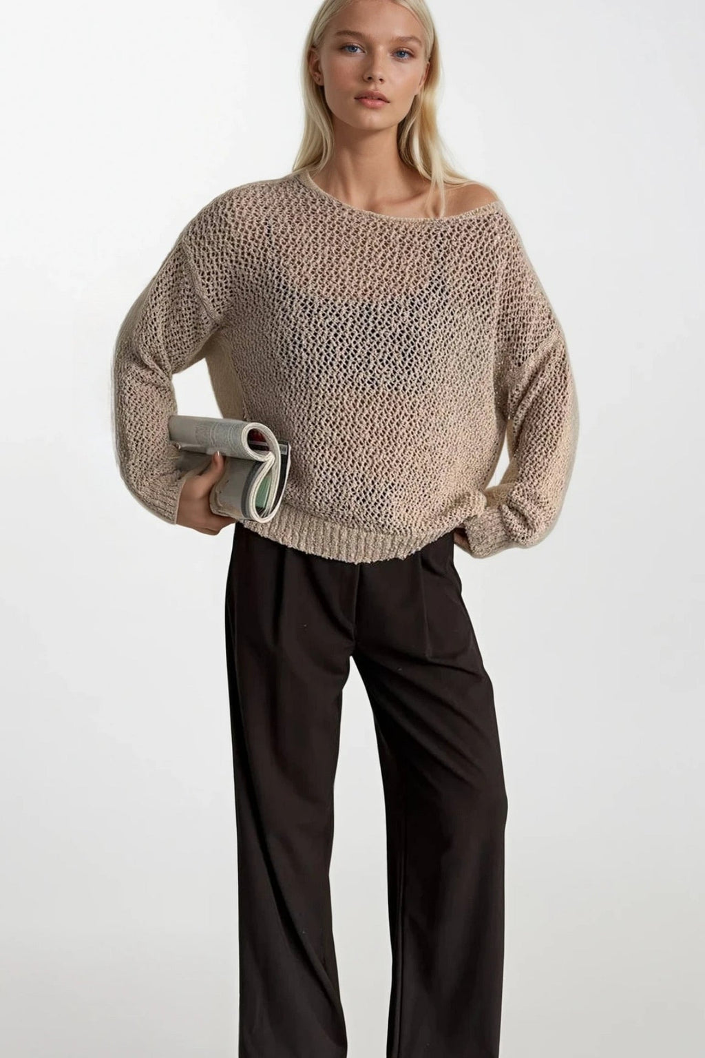 Open-Knit Wide Collar Beige Knit Blouse